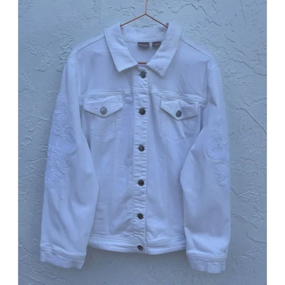 Chicos Womens Long Sleeve Floral Embroidery Jean Jacket White Sz 4 - Picture 1 of 12